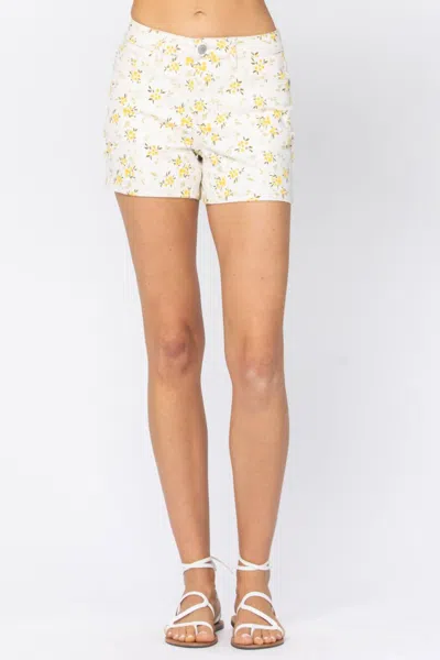 Judy Blue Floral Shorts In Off White/yellow/olive