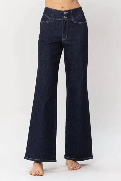 Judy Blue Geometric Waistband Wide Leg Jean In Dark Wash In Blue