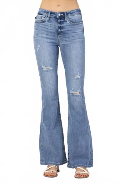 JUDY BLUE HI-RISE DESTROYED FLARE JEANS IN BLUE