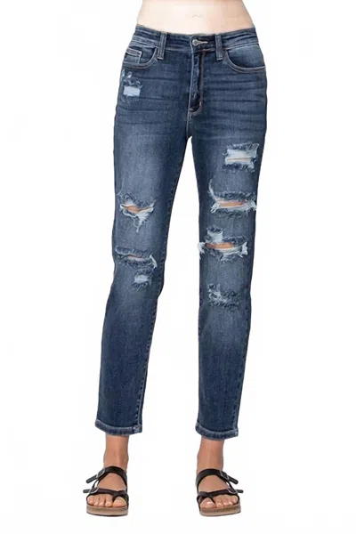 Judy Blue Hi-waist Boyfriend Destroyed Hem Jeans In Dark Wash In Blue