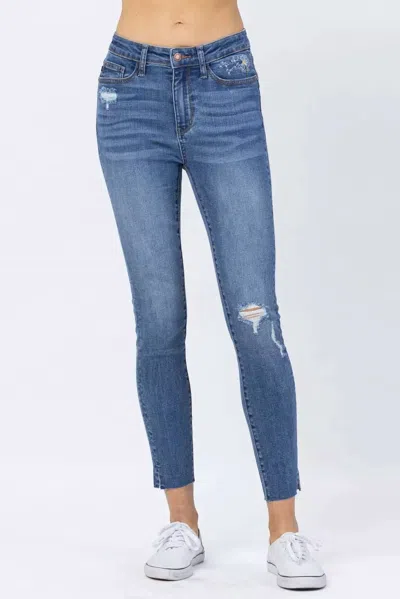 Judy Blue Hi-waisted Dandelion Embroidery Skinny Jeans In Dark Wash In Blue