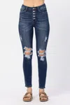 Judy Blue High Rise Button Fly Cuffed Skinny Jeans In Blue In Blue