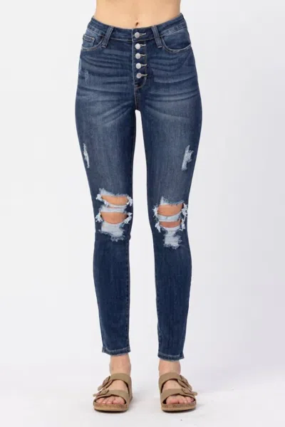 Judy Blue High Rise Button Fly Cuffed Skinny Jeans In Blue