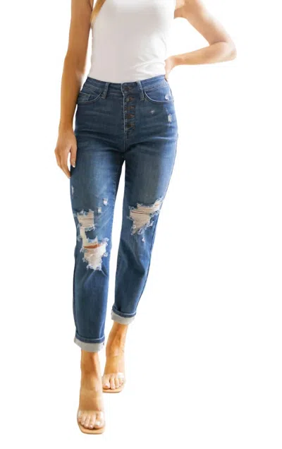 Judy Blue High Rise Button Fly Distressed Boyfriend Jeans In Dark Wash In Blue