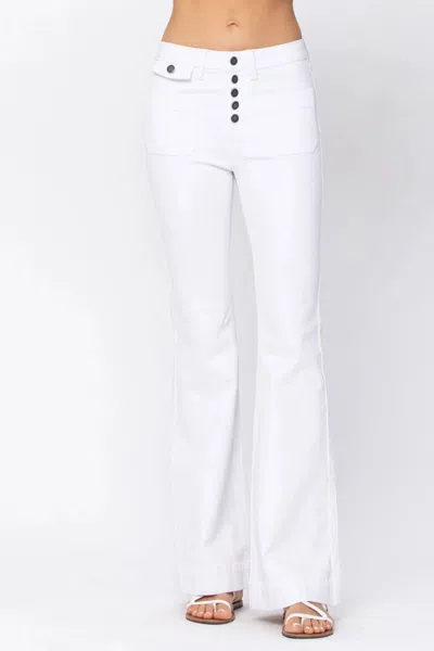 Judy Blue High Rise Button Fly Patch Pocket Flare Jeans In White