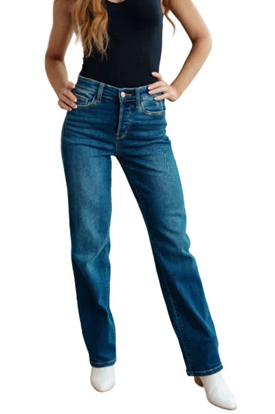 Judy Blue High Rise Button Fly Straight Jeans In Medium Wash In Blue
