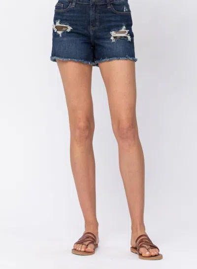 Judy Blue High Rise Camo Patch Shorts In Dark Wash In Blue