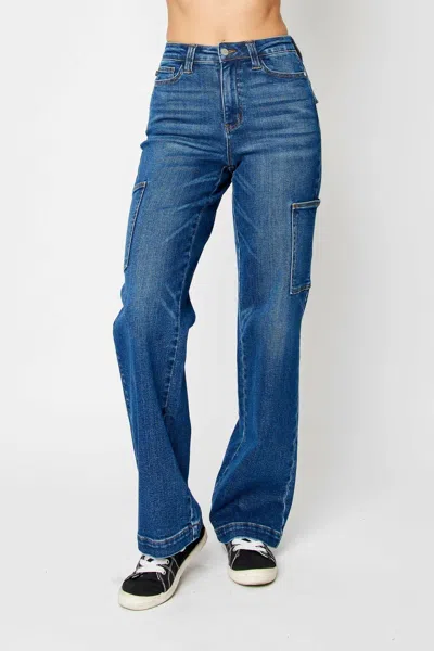 Judy Blue High Rise Cargo Straight Jean In Dark Wash In Blue