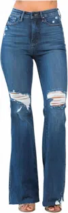 JUDY BLUE HIGH RISE CONTROL TOP DISTRESSED FLARE JEANS IN DARK WASH