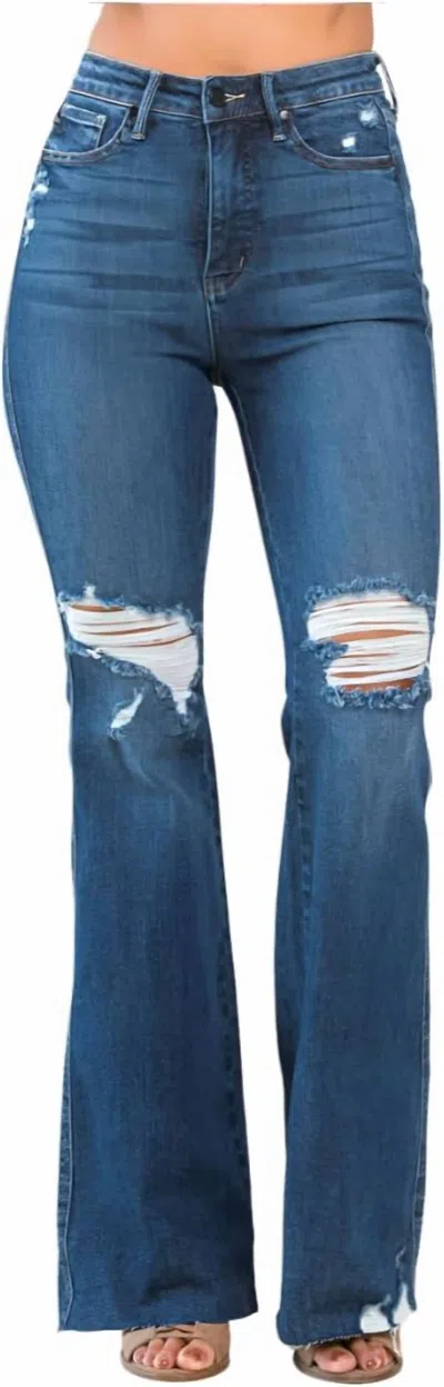 Judy Blue High Rise Control Top Distressed Flare Jeans In Dark Wash In Blue