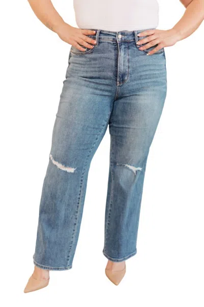 Judy Blue High Rise Control Top Distressed Straight Jeans In Medium Wash In Blue