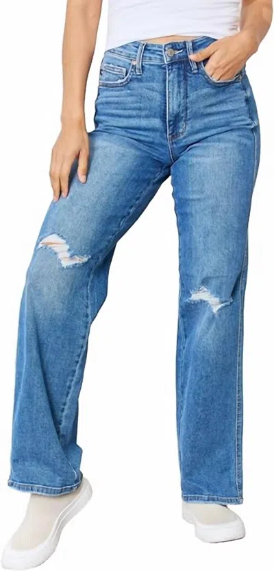 Judy Blue High Rise Control Top Distressed Straight Jeans In Medium Wash In Multi