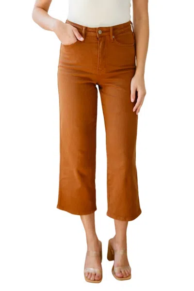 Judy Blue High Rise Control Top Wide Leg Crop Jeans In Camel In Brown