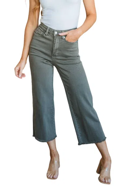 Judy Blue High Rise Control Top Wide Leg Crop Jeans In Olive In Green