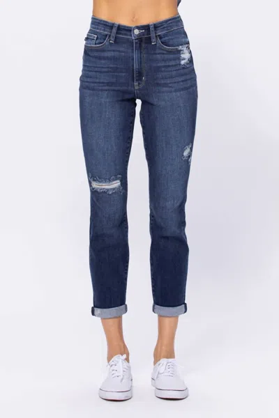 Judy Blue High Rise Destroyed Boyfriend Denim Jeans In Dark Wash In Blue