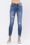 Judy Blue High Rise Destroyed Hem Skinny Jeans In Medium Wash In Blue
