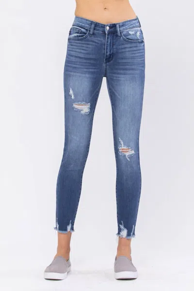Judy Blue High Rise Destroyed Hem Skinny Jeans In Medium Wash In Blue