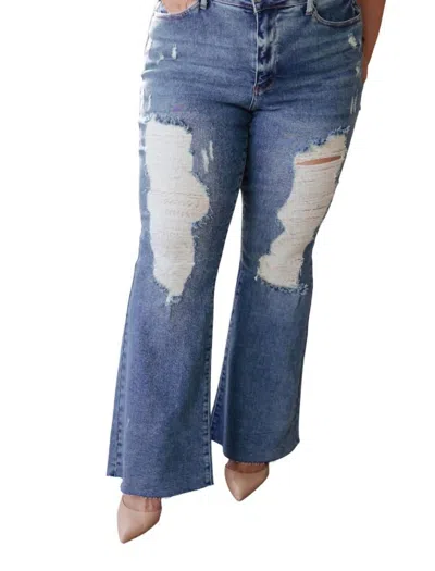 Judy Blue High Rise Heavy Destroy Flare Jeans In Medium Wash In Blue