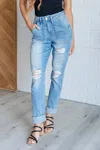 Judy Blue High Rise Patch Pocket Distressed Boyfriend Jeans In Light Wash In Blue