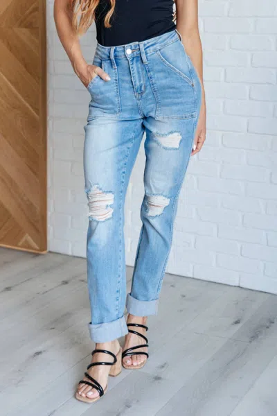 Judy Blue High Rise Patch Pocket Distressed Boyfriend Jeans In Light Wash In Blue
