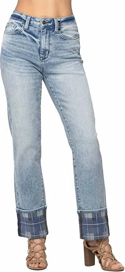 Judy Blue High Rise Plaid Cuff Vintage Straight Jeans In Medium Wash In Multi