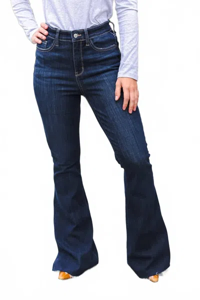 Judy Blue High Rise Raw Hem Flare Jeans In Dark Wash In Blue