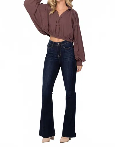 Judy Blue High Rise Raw Hem Flare Jeans In Dark Wash In Blue