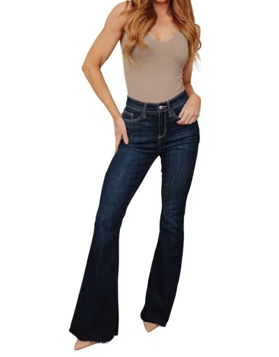 Judy Blue High Rise Raw Hem Flare Jeans In Dark Wash In Blue