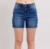 Judy Blue High Rise Two Button Mid Length Dad Denim Short In Dark Wash In Blue