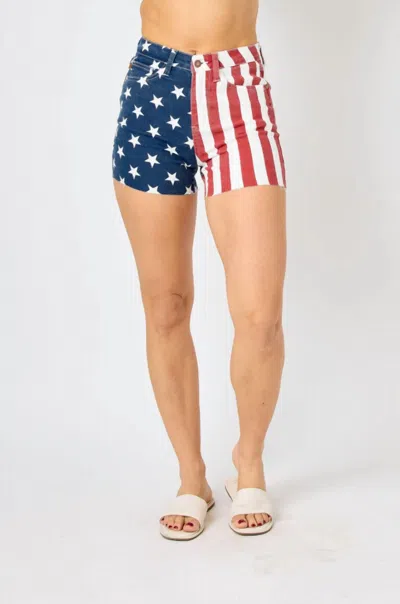 Judy Blue High Waist American Flag Fray Hem Shorts In Red/white/blue