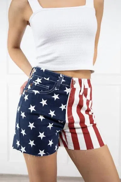 Judy Blue High Waist Americana Flag Fray Hem Shorts In Blue Red