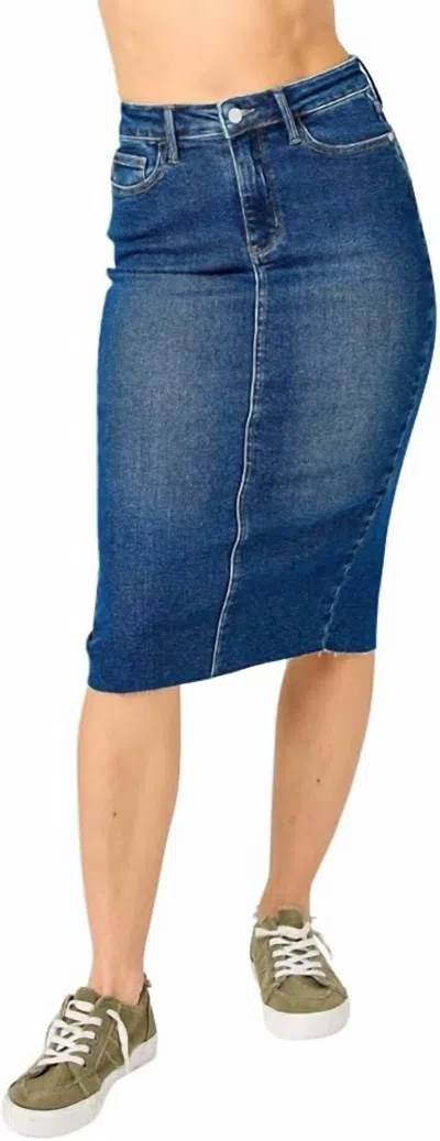 Judy Blue High Waist Back Slit Midi Denim Skirt In Dark Wash In Blue