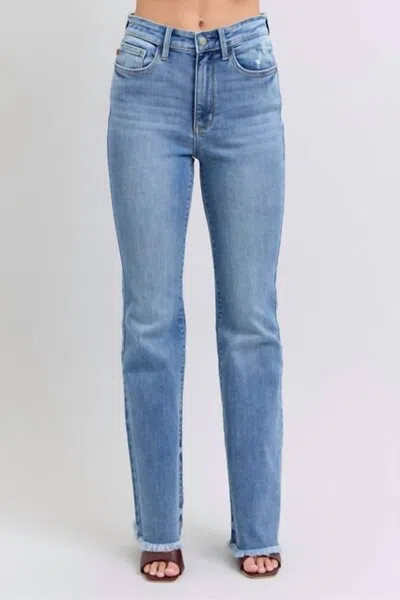 Judy Blue High Waist Bootcut With Fray Hem Jeans In Medium Wash In Blue