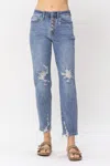 Judy Blue High Waist Button Fly Destroyed Boyfriend Denim Jeans In Blue