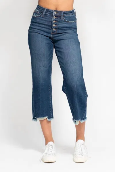 Judy Blue High Waist Button Fly Destroyed Hem Crop Wide Jean In Medium Wash In Multi