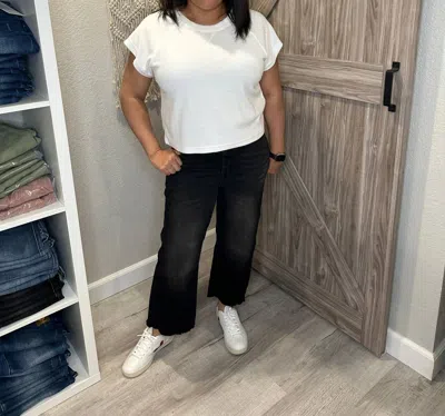 Judy Blue High Waist Button Fly Destroyed Raw Hem Cropped Wide Leg Denim In Black