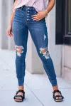 Judy Blue High Waist Button Fly Distressed Skinny Jeans In Dark Wash In Blue