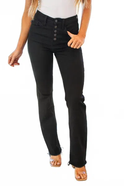 Judy Blue High Waist Button Fly Raw Hem Bootcut Jeans In Black In Animal Print