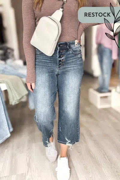Judy Blue High Waist Button Fly Wide Leg Crop Denim In Medium Wash In Multi