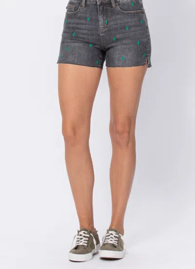 Judy Blue High Waist Cactus Embroidery Shorts In Grey In Gray