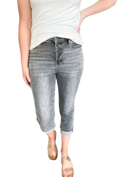 Judy Blue High Waist Cuffed Button Fly Capri Pants In Grey