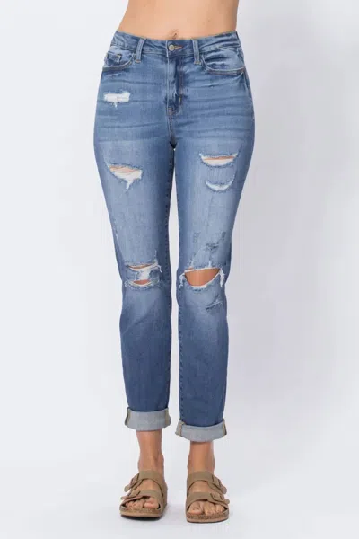 Judy Blue High Waist Cuffed Destroyed Boyfriend Jean In Medium Wash In Multi
