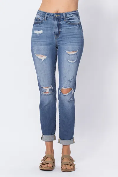 Judy Blue High Waist Cuffed Destroyed Boyfriend Jeans In Light Blue