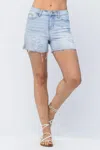 JUDY BLUE HIGH WAIST CUTOFF SIDE SLIT DESTROYED SHORTS IN LIGHT WASH