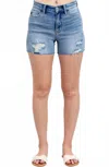 Judy Blue High Waist Denim Shorts With Stitch Over Destroy Detail In Light Blue Wash In Blue
