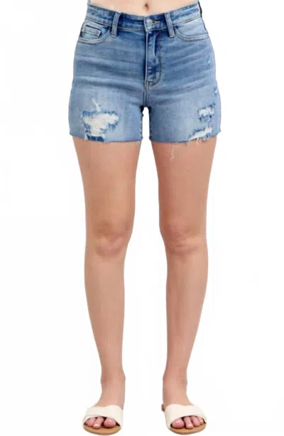Judy Blue High Waist Denim Shorts With Stitch Over Destroy Detail In Light Blue Wash