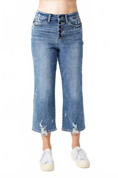 Judy Blue High Waist Destroy Button Fly Wide Leg Crop Jeans In Medium Wash In Blue