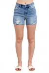 Judy Blue High Waist Denim Shorts With Stitch Over Destroy Detail In Light Blue Wash In Blue