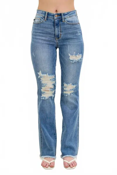 Judy Blue High Waist Destroy Fray Hem Bootcut Denim Jean In Medium Wash In Blue