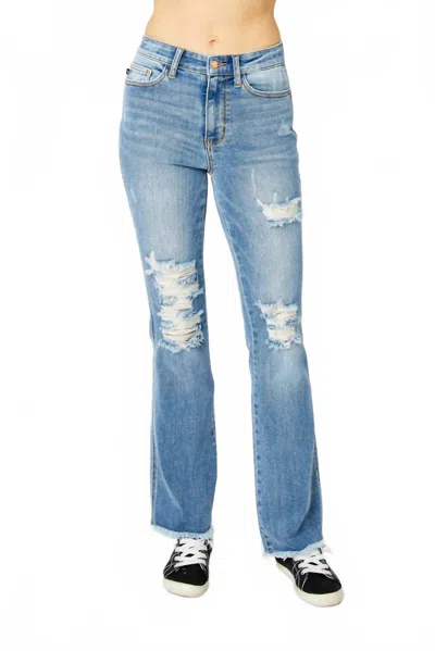Judy Blue High Waist Destroy Fray Hem Bootcut Jean In Medium Wash In Blue